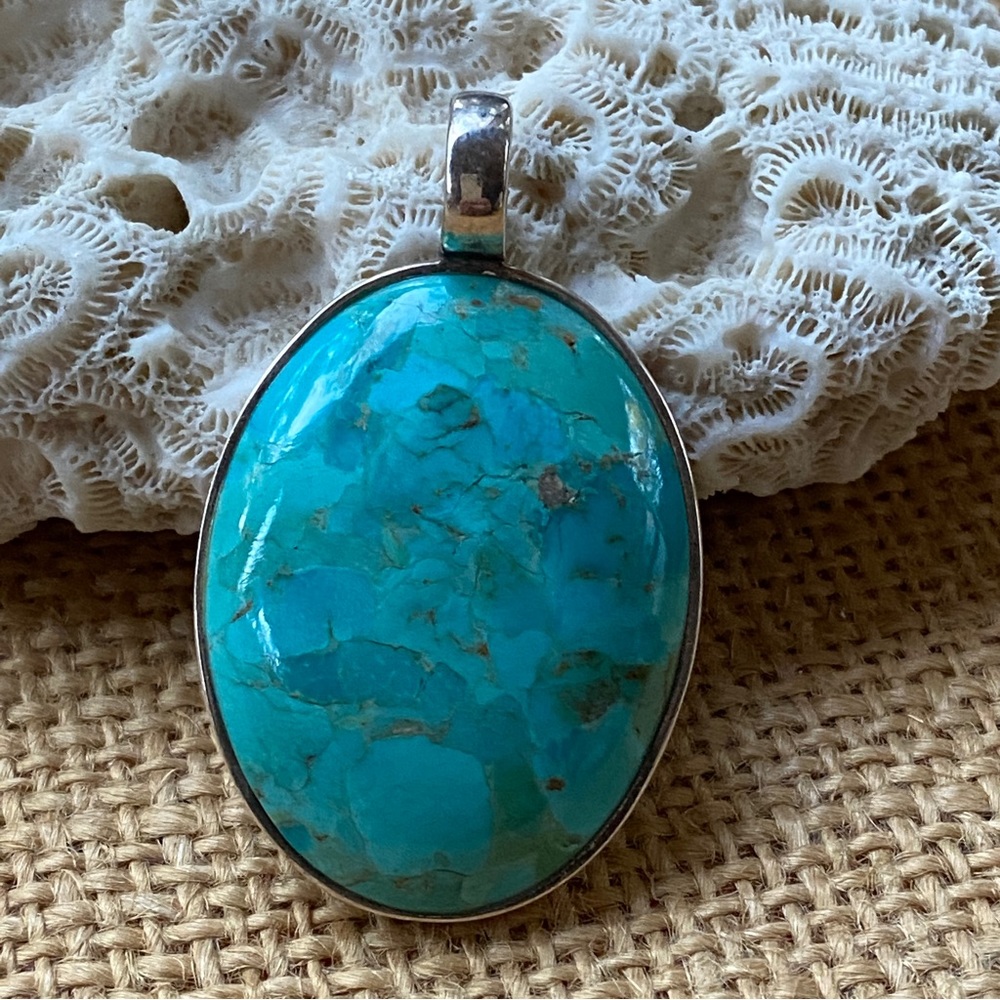 Large Barse Sterling Silver 925 Oval Turquoise Pendant